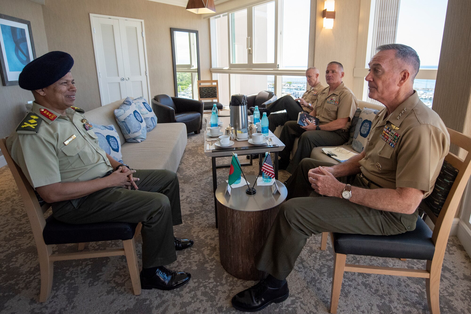 with Bangladeshi Lt. Gen. Mahfuzur Rahman, Principal Staff Officer under Prime Minister's Office and head of Armed Forces Division, during the Indo-Pacific Chief of Defense conference in Waikiki, Hawaii, Sept. 10, 2018. (DOD photo by U.S. Navy Petty Officer 1st Class Dominique A. Pineiro)