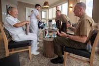 Marine Corps Gen. Joe Dunford, chairman of the Joint Chiefs of Staff, meets with Japan Maritime Self-Defense Force Adm. Katsutoshi Kawano,  Chief of Staff, Joint Staff of the Japan Self-Defense Forces, during the Indo-Pacific Chief of Defense conference in Waikiki, Hawaii, Sept. 10, 2018.