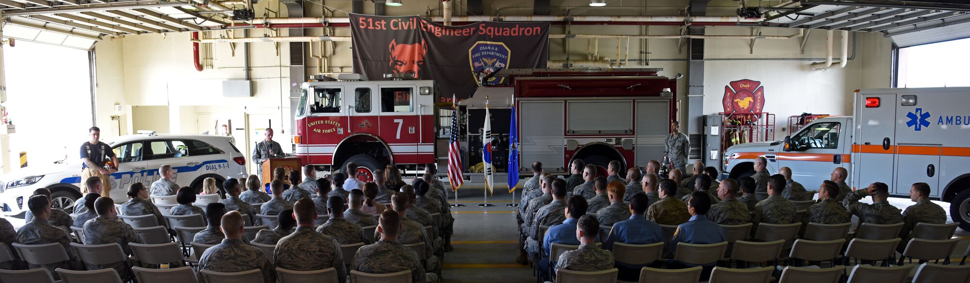 The 51st Civil Engineer Squadron fire and emergency services flight hosted a 9/11 memorial ceremony at Osan Air Base, Republic of Korea, Sept. 11, 2018. The ceremony was followed by a memorial stair climb, in which participants climbed Seoraksan Tower’s seven flights of stairs 16 times to honor the 110 stories climbed by first responders on 9/11. (U.S Air Force photo by Senior Airman Kelsey Tucker)