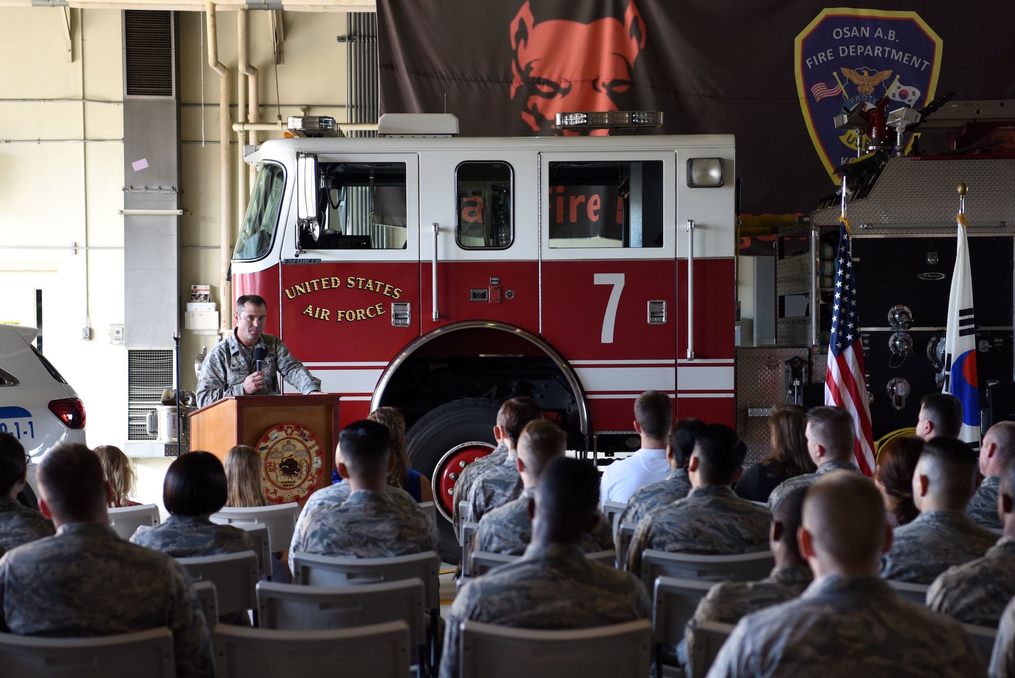 U.S. Air Force Lt. Col. Timothy Fryar, 51st Civil Engineer Squadron commander, gives a speech during the 9/11 memorial ceremony held at Osan Air Base, Republic of Korea, Sept. 11, 2018. Fryar spoke of his own experience on the morning of Sept. 11, 2001 and in the armed forces, and the lives of fellow service members that gave their lives during the war on terrorism. (U.S. Air Force photo by Senior Airman Kelsey Tucker)