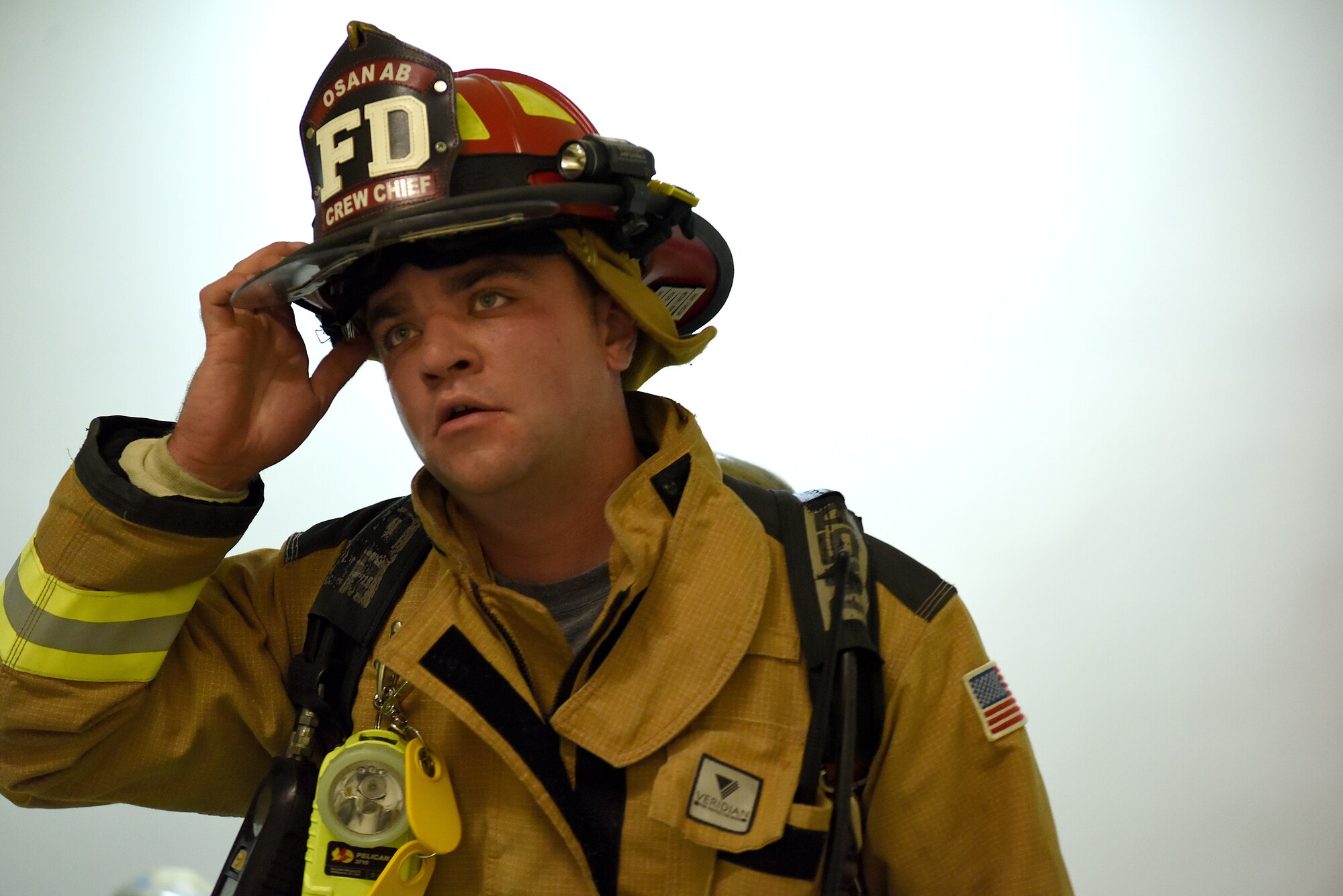 A U.S. Air Force firefighter assigned to the 51st Civil Engineer Squadron takes part in a 9/11 memorial stair climb at Osan Air Base, Republic of Korea, Sept. 11, 2018. Participants climbed 112 flights in order to honor the 343 firefighters who died rescuing others during 9/11, and to understand what they went through that day. (U.S. Air Force photo by Senior Airman Kelsey Tucker)