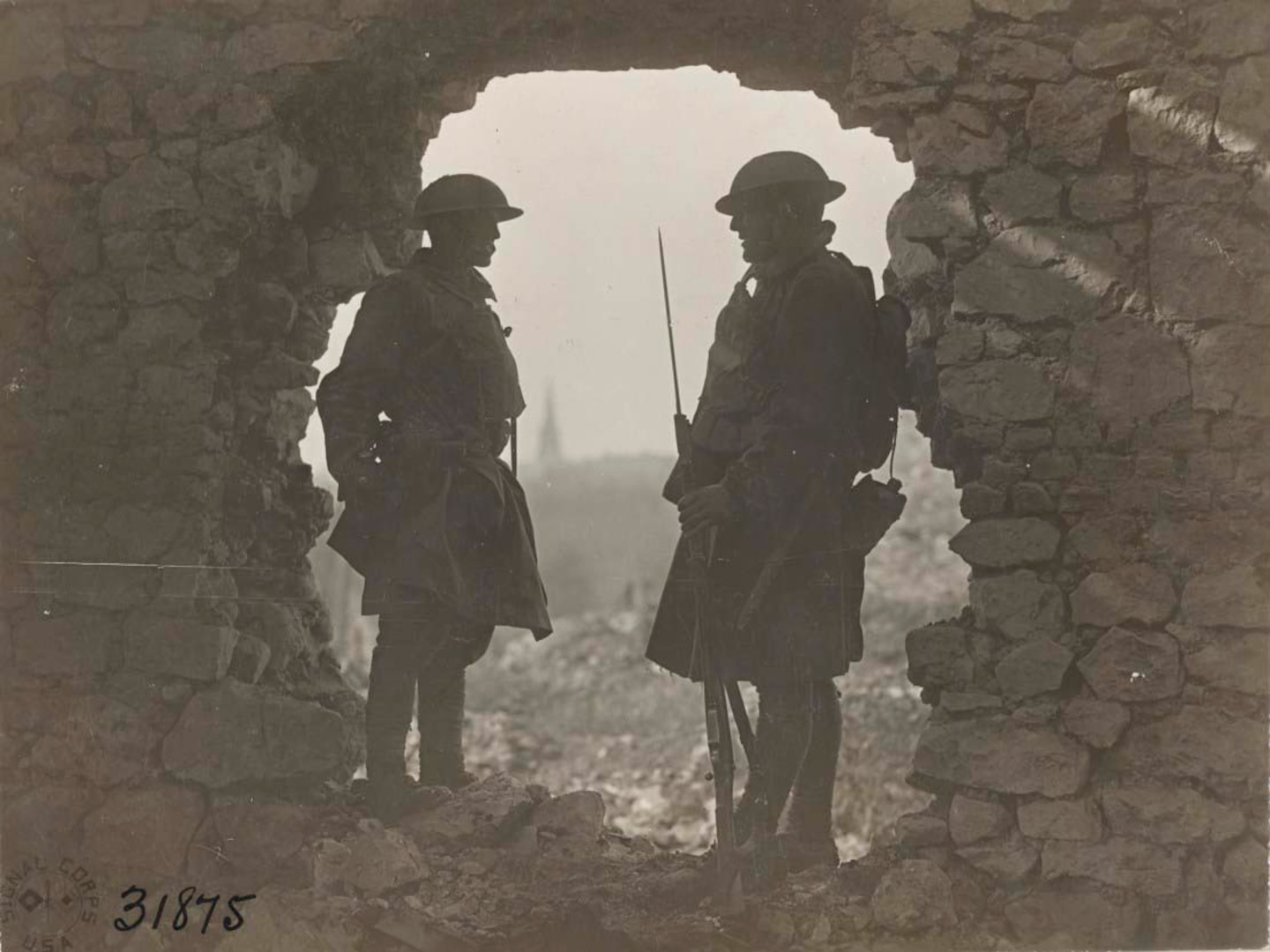 Soldiers of the  107th Infantry, 27th Division, on guard at old French chatea east of St. Souplet, Nord, France on  Oct. 19, 1918. The New York National Guardsmen of the 27th Division took tremendous casualties during the attack on the Hindenburg Line in the last 100 days of  World War I. The fighting ended on Nov. 11, 1918.