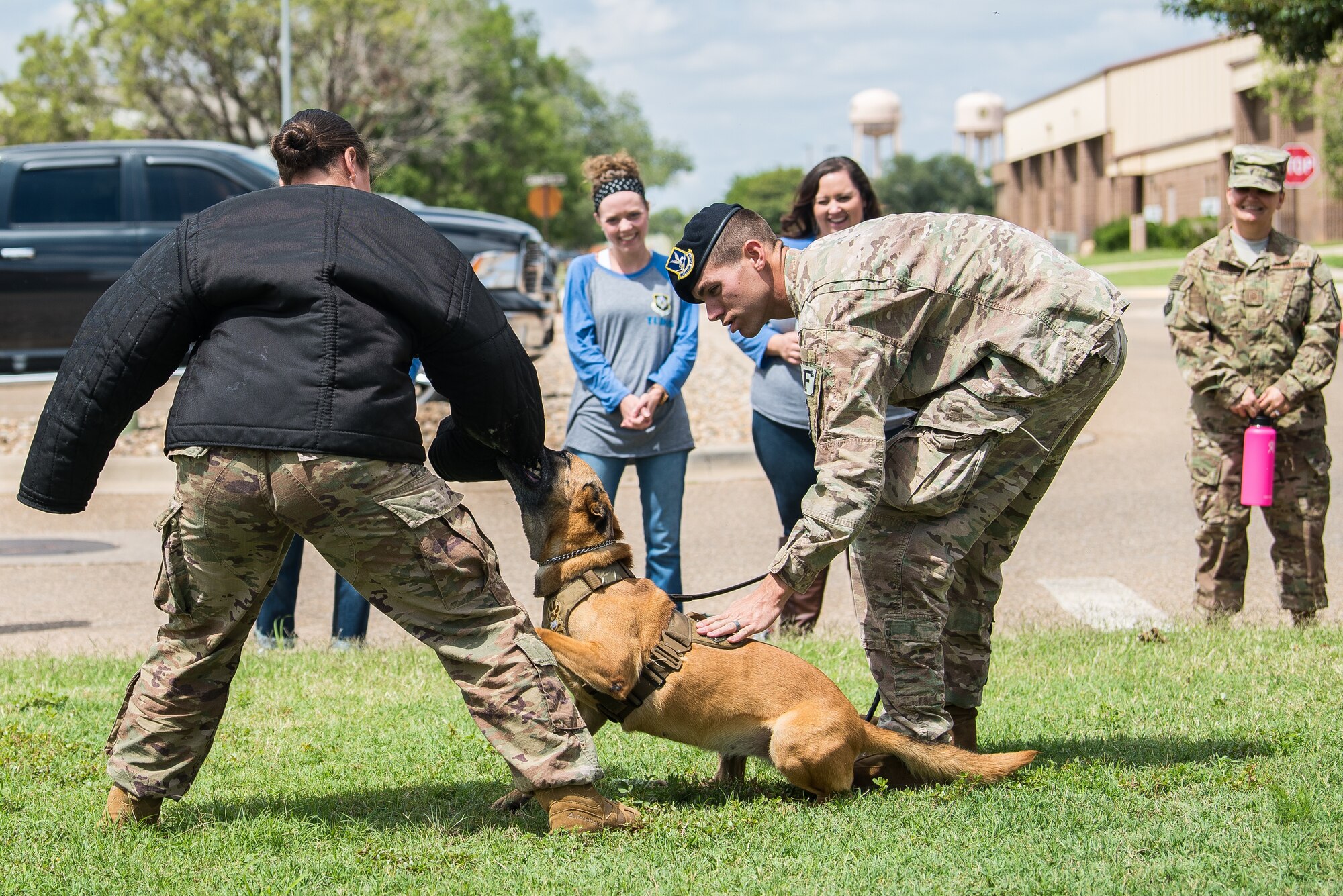 Participants of the Teachers Understanding Deployment Operations observe a military working dog demonstration held by members of the 27th Special Operations Security Forces Squadron at Cannon Air Force Base, N.M., Sept. 8, 2018. The intent of the TUDOS program is to allow teachers a better understanding of how to aid children with deployed parents. (U.S. Air Force photo by Airman 1st Class Vernon R. Walter III/Released)