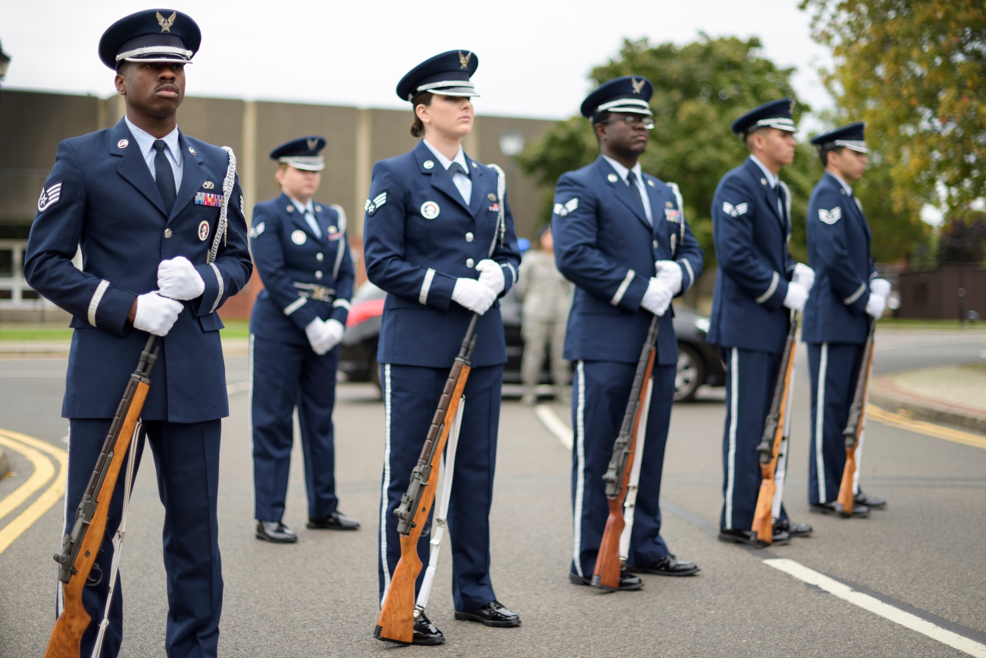 The Team Mildenhall Honor Guard stands by during a 9/11 ceremony at RAF Mildenhall Sep. 11, 2018. Leadership from RAF Mildenhall and RAF Lakenheath attended the ceremony, which marked the 17th anniversary of the Sept. 11 terrorist attacks. (U.S. Air Force photo by Tech. Sgt. Emerson Nuñez)