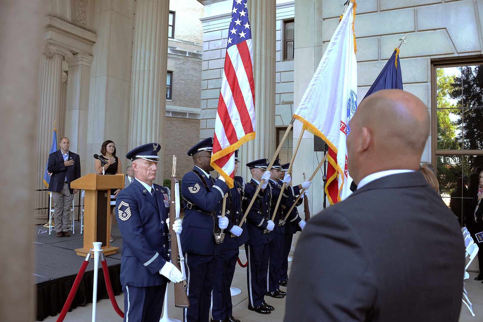 An honor from the Michigan Air National Guard's 110th Attack Wing present the colors to help start the event.