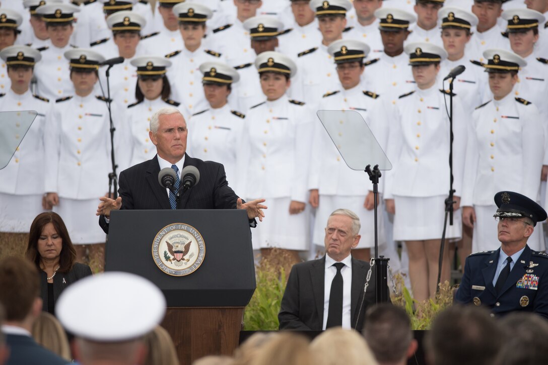 Vice President Mike Pence delivers remarks outside the Pentagon.