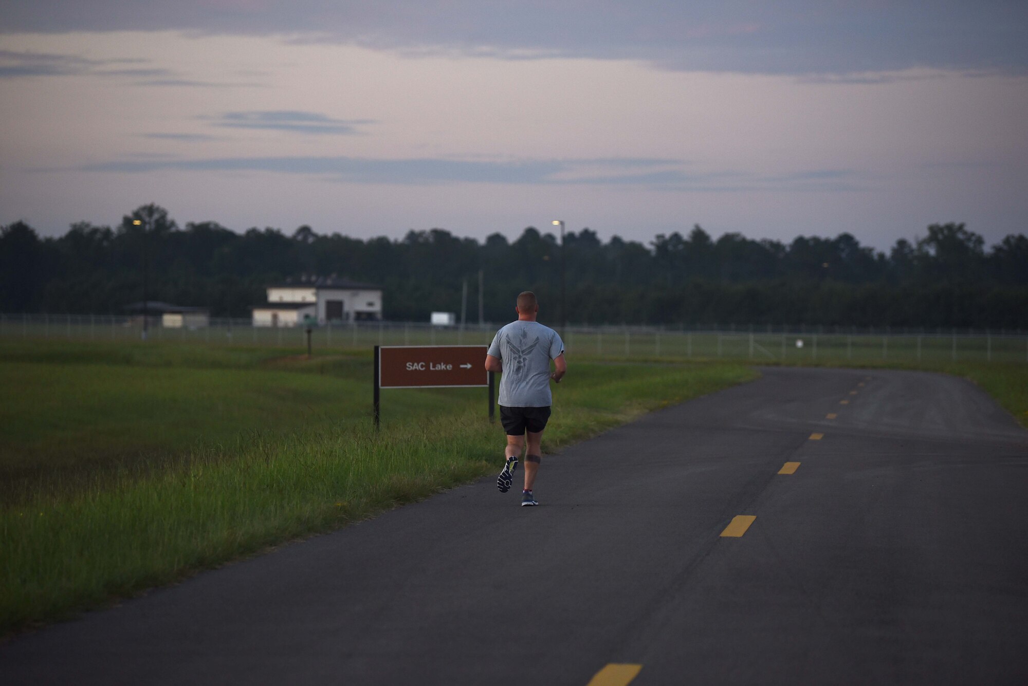 William O’Meara, 14th Civil Engineer Squadron Fire Emergency Services Assistant Fire Chief, runs Aug. 29, 2018, on Columbus Air Force Base, Mississippi. O’Meara will be one of the 13,500 runners this year to compete in the Air Force marathon. (U.S. Air Force photo by Airman 1st Class Keith Holcomb)