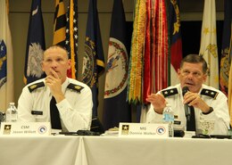 FORT KNOX, Ky. - Maj. Gen. Flem B. “Donnie” Walker, Jr., commanding general, right, speaks while Sgt. Maj. Jason Willett, senior enlisted advisor, both of 1st Theater Sustainment Command (TSC), observes during the Code 19 Forum at the Gen. George Patton Museum Sept. 5-6. (U.S. Army photo by Mr. Brent Thacker)