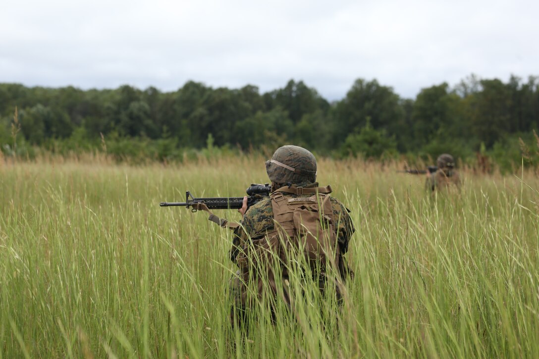 Marines with Marine Barracks Washington D.C. conduct buddy rush drills during a live-fire training exercise for the Fire Team Leaders Course at Marine Corps Base Quantico, Va., Sept. 9, 2018. The course was comprised of multiple live-fire events utilizing numerous weapons systems, patrols and defensive and offensive drills. It is a course designed to strengthen small unit leadership amongst the Marines to prepare them for the Fleet Marine Forces, while focusing on refining their infantry skills.