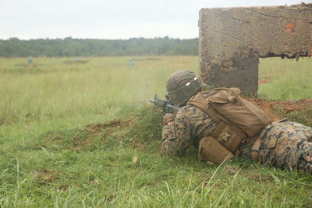Marines from Marine Barracks Washington D.C. conduct a buddy rushing drill during a live-fire training exercise for the Fire Team Leaders Course at Marine Corps Base Quantico, Va., Sept. 10, 2018. The course was comprised of multiple live-fire events utilizing numerous weapons systems, patrols and defensive and offensive drills. It is a course designed to strengthen small unit leadership amongst the Marines to prepare them for the Fleet Marine Forces, while focusing on refining their infantry skills.