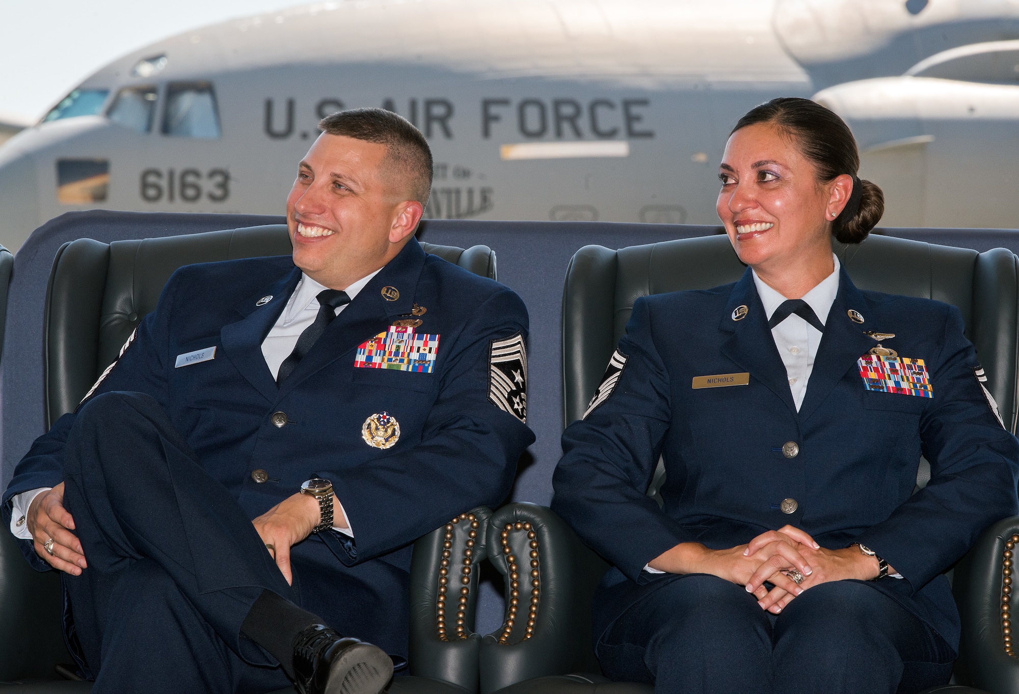 U.S. Air Force Chief Master Sgt. Steve Nichols, 60th Air Mobility Wing command chief and his spouse Senior Master Sgt. Angell Nichols, 60th Operations Support Squadron retire together in a duel ceremony at Travis Air Force Base, Calif., September 7, 2018. (U.S. Air Force photo by Louis Briscese)