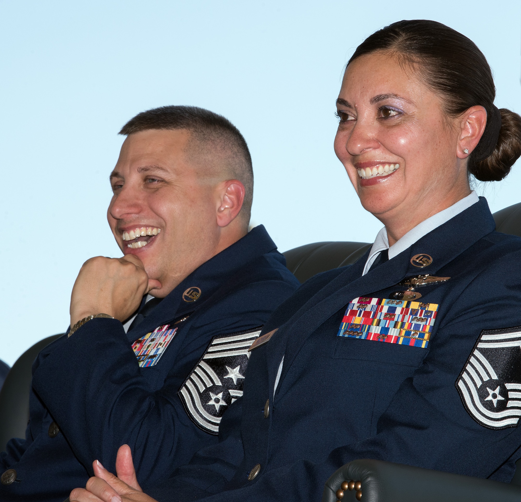 U.S. Air Force Chief Master Sgt. Steve Nichols, 60th Air Mobility Wing command chief and his spouse Senior Master Sgt. Angell Nichols, 60th Operations Support Squadron retire together in a duel ceremony at Travis Air Force Base, Calif., September 7, 2018. (U.S. Air Force photo by Louis Briscese)