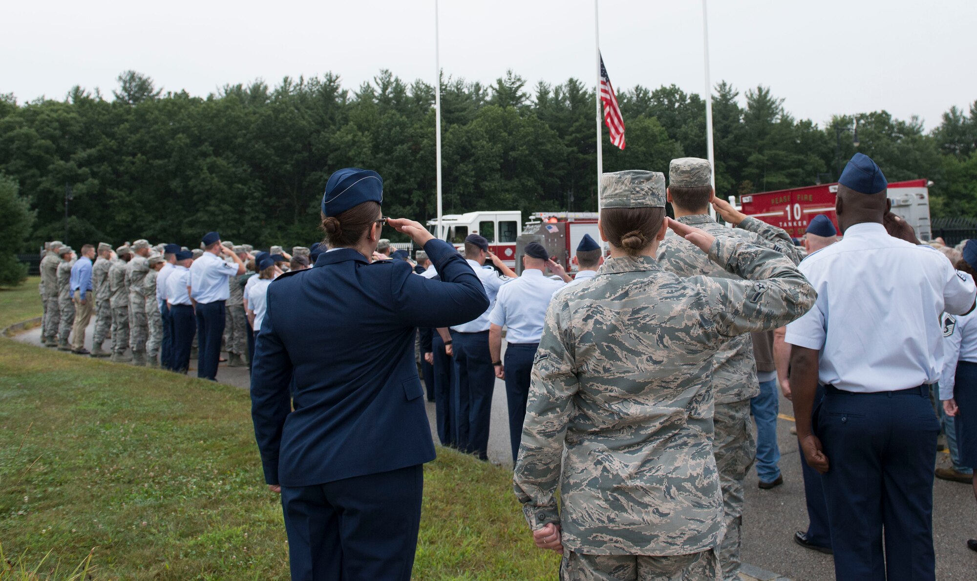 New Hampshire Air National Guard Airmen gather to remember the terrorist attacks of September 11, 2001 and pay tribute to the victims and families of those lost in New York, Pennsylvania and in the Pentagon, Pease Air National Guard Base, N.H, September 11, 2018. The 157th Air Refueling Wing continues to provide air refueling support for the War on Terror. Photo by Master. Sgt. Thomas Johnson, 157th ARW Public Affairs.