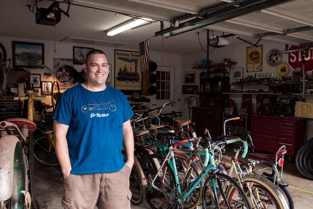 U.S. Air Force Staff Sgt. Patrick Lewis, 20th Equipment Maintenance Squadron aircraft structural maintenance mechanic, shows off his collection of bicycles in Sumter, S.C., Sept. 10, 2018.