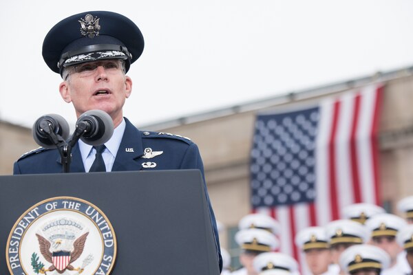 U.S. Air Force Gen. Paul J. Selva, Vice chairman of the Joint Chiefs of Staff, delivers remarks during the Sept. 11 Pentagon Memorial Observance Ceremony at the Pentagon in Washington, D.C., Sept. 11, 2018. During the Sept. 11, 2001, attacks, 184 people were killed at the Pentagon.