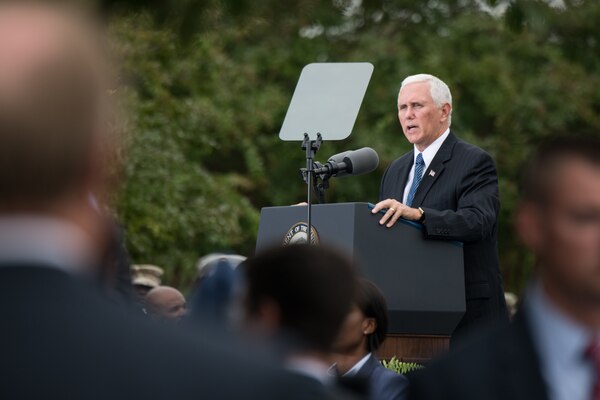 U.S. Vice President Mike Pence delivers remarks during the Sept. 11 Pentagon Memorial Observance Ceremony in Washington D.C., Sept. 11, 2018. During the Sept. 11, 2001, attacks, 184 people were killed at the Pentagon.