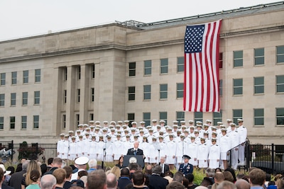 U.S. Vice President Mike Pence delivers remarks during the Sept. 11 Pentagon Memorial Observance Ceremony in Washington D.C., Sept. 11, 2018. During the Sept. 11, 2001, attacks, 184 people were killed at the Pentagon.