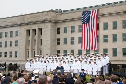 U.S. Vice President Mike Pence delivers remarks during the Sept. 11 Pentagon Memorial Observance Ceremony in Washington D.C., Sept. 11, 2018. During the Sept. 11, 2001, attacks, 184 people were killed at the Pentagon.