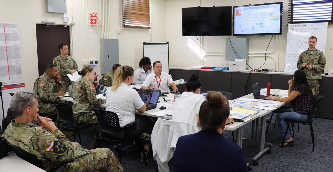 Honolulu District Commander Lt. Col. Kathryn Sanborn (center, left) met with Emergency Operation Center (EOC) personnel Sept. 11, 2018, discussing the latest updates to the USACE response to Typhoon Mangkhut that ravaged the Commonwealth of the Northern Mariana Islands, and Tropical Storm Olivia that is expected to make landfall tonight in the eastern Hawaiian Islands.