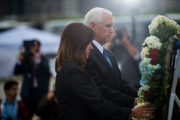 U.S. Vice President Mike Pence and the Second Lady Karen Pence, lays a wreath to remember the fallen on Sept. 11, 2001, during the Pentagon Memorial Observance Ceremony in Washington D.C., Sept. 11, 2018. Hundreds of military service members, family members who perished during the attacks, veterans and distinguished guests gathered to reflect on the lives lost during the attacks on Sept. 11, 2001.
