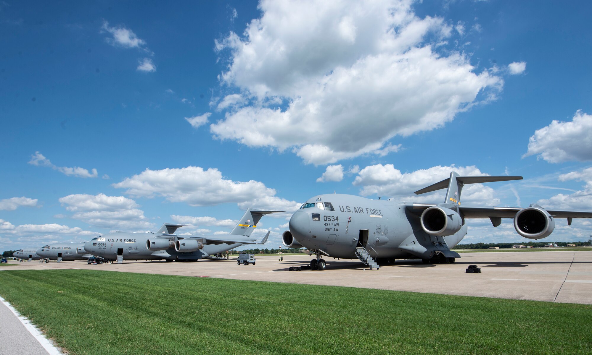 Scott Air Force Base and Mid-America Airport hosted multiple C-17 Globemaster III aircraft that evacuated Joint Base Charleston, South Carolina in preparation for Hurricane Florence, Sept. 11, 2018. More than 1 million people were ordered to evacuate Virginia, North Carolina and South Carolina as the East Coast braces itself for the Category 4 storm. (U.S. Air Force photo by Senior Airman Melissa Estevez)