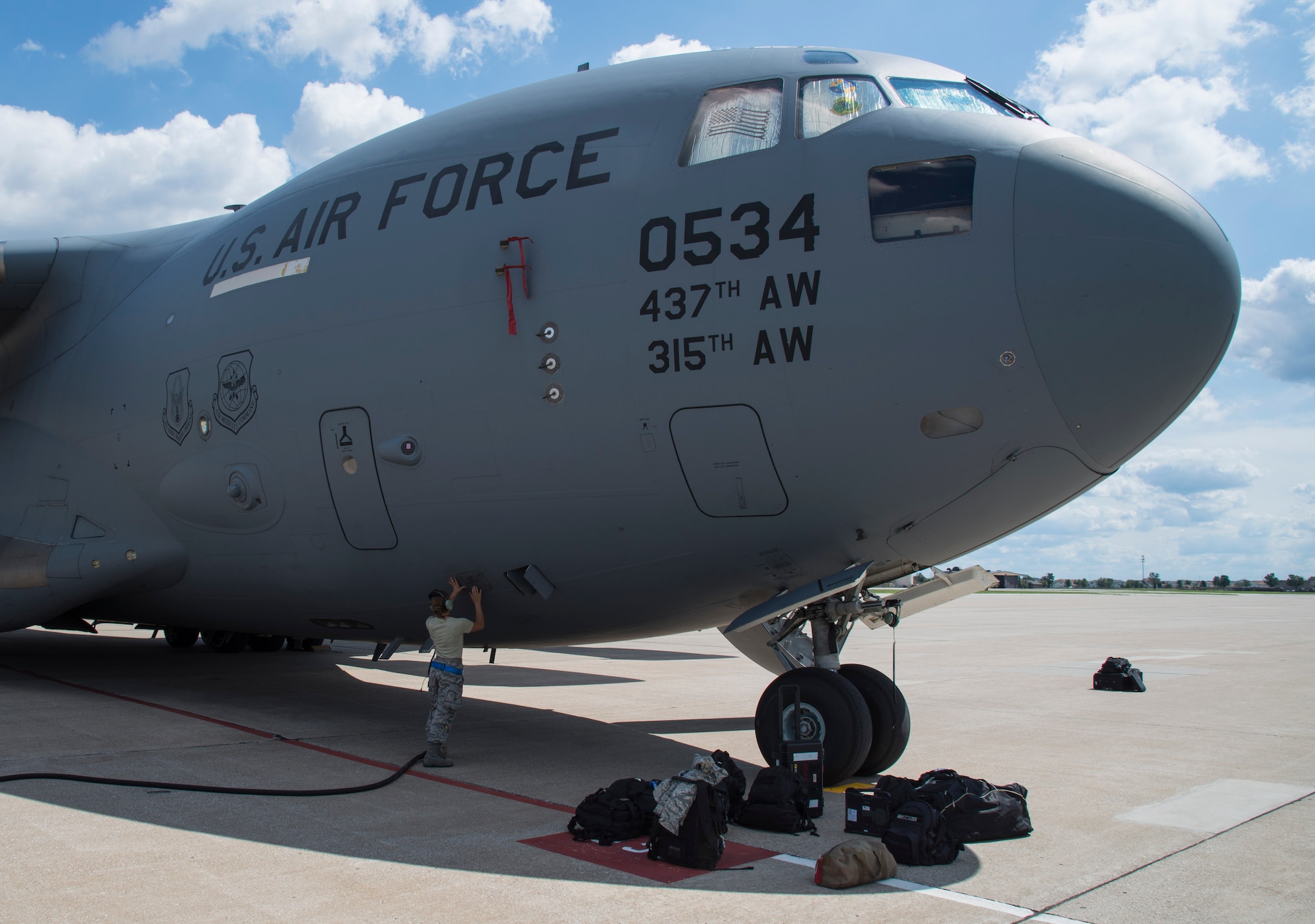 Scott Air Force Base and Mid-America Airport hosted multiple C-17 Globemaster III aircraft that evacuated Joint Base Charleston, South Carolina in preparation for Hurricane Florence, Sept. 11, 2018. More than 1 million people were ordered to evacuate Virginia, North Carolina and South Carolina as the East Coast braces itself for the Category 4 storm. (U.S. Air Force photo by Airman 1st Class Nathaniel Hudson)