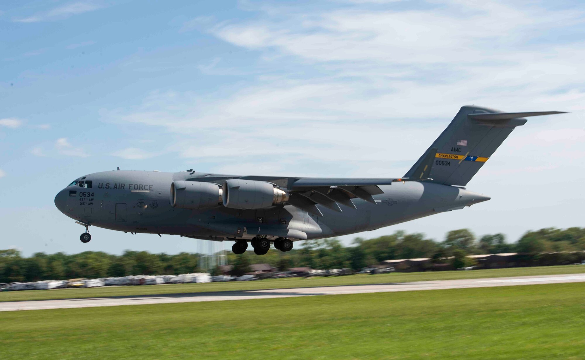 A C-17 Globemaster III from Joint Base Charleston lands at Scott AFB, Illinois, Sept. 11, 2018. Scott AFB and Mid-America Airport are expected to host a fleet of C-17’s assigned to the 437th Airlift Squadron that were evacuating Hurricane Florence, a Category 4 storm heading toward the East Coast.