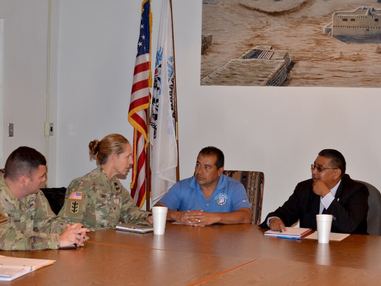 SANTA CLARA PUEBLO, N.M. – During her visit to the District, USACE South Pacific Division commander Col. (P) Kimberly Colloton visited the pueblo and met with the governor, Aug. 29, 2018. (l-r): Albuquerque District commander Lt. Col. Larry Caswell; Col. (P) Colloton; Lt. Gov. James Naranjo; and Gov. Michael Chavarria.