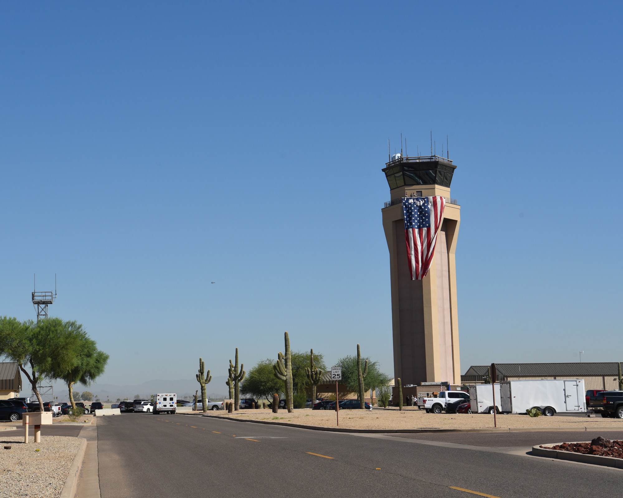 The 56th Fighter Wing held a 9/11 Remembrance Ceremony to commemorate the fallen first responders who made the ultimate sacrifice, Sept. 11, 2018 at Luke Air Force Base, Ariz. More than 400 streamers with the names of the first responders were carried up the air traffic control tower by Airmen and hung with the American Flag. (U.S. Air Force photo by Airman 1st Class Aspen Reid)