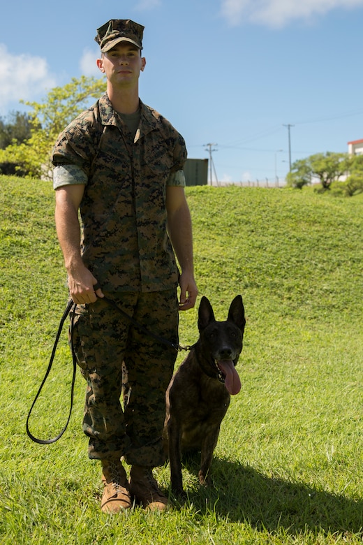 CAMP HANSEN, OKINAWA, Japan – Cpl. David Adams and military working dog Shadow pose for a photo Aug. 31 at the kennels on Camp Hansen, Okinawa, Japan.