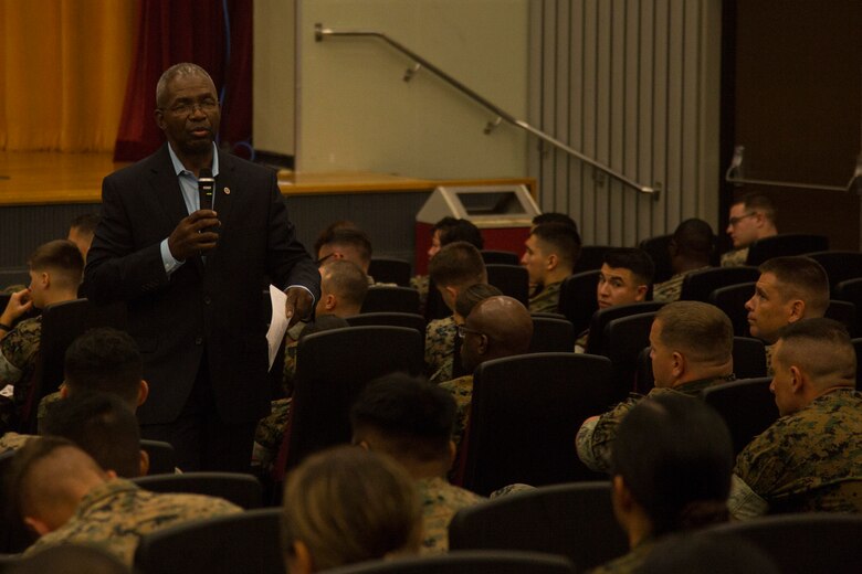 Retired Lt. Gen. Ronald Bailey Jr. speaks to Marines and sailors Sept. 6, 2018, during a Persevering Though Trials special event at the Camp Foster Theater, Okinawa, Japan.