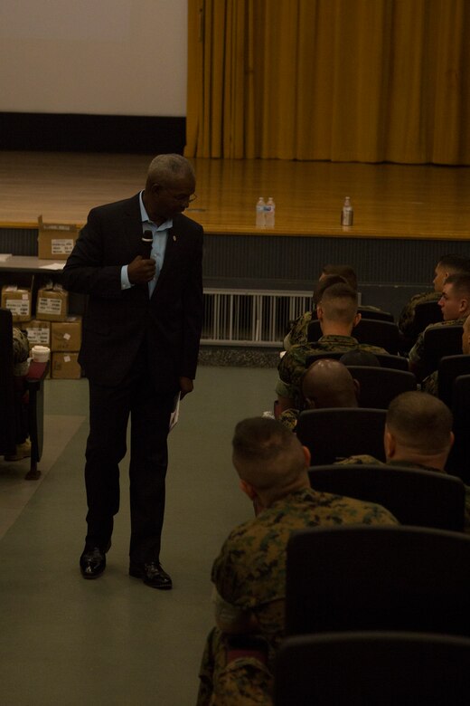 Retired Lt. Gen. Ronald Bailey Jr. speaks to Marines and sailors Sept. 6, 2018, during a Persevering Though Trials special event at the Camp Foster Theater, Okinawa, Japan.