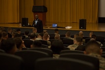 Retired Lt. Gen. Ronald Bailey Jr. speaks to Marines and sailors Sept. 6, 2018, during a Persevering Though Trials special event at the Camp Foster Theater, Okinawa, Japan.