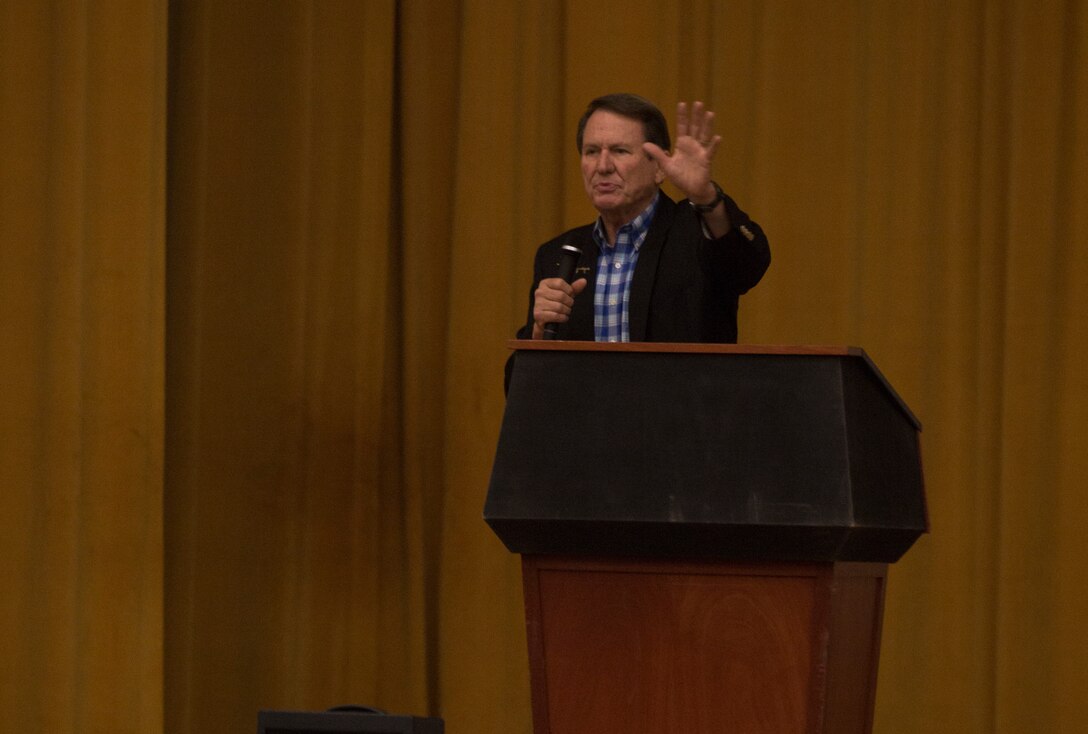 Phil Downer speaks to Marines and sailors Sept. 6, 2018, during a Persevering Though Trials special event at the Camp Foster Theater, Okinawa, Japan.