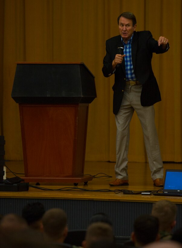 Phil Downer speaks to Marines and sailors Sept. 6, 2018, during a Persevering Though Trials special event at the Camp Foster Theater, Okinawa, Japan.