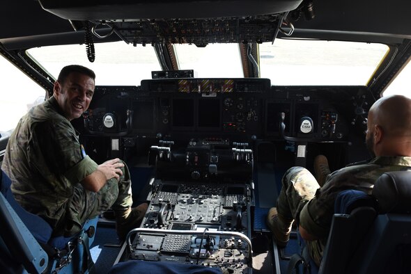 Members of the Spanish Army sit in the cockpit of a U.S. Air Force C-5M Super Galaxy at Incirlik Air Base, Turkey, Sept. 7th, 2018.
