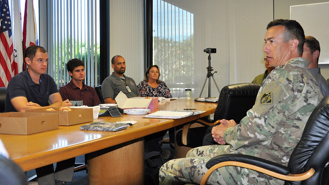Col. Aaron Barta, commander of the U.S. Army Corps of Engineers Los Angeles District, speaks with employees during an Aug. 29 visit to the LA District's Carlsbad Regulatory Office in Carlsbad, California. Early in Barta's military career, he served as a company commander for the Military District of Washington Engineer Company, located at Fort Belvoir, Virginia, now called the 911th Engineer Company. After the Sept. 11, 2001, attacks on the World Trade Center and the Pentagon, Barta and his company served on a search-and-rescue team at the Pentagon. He recently reflected on his own experience as the events of that day unfolded.