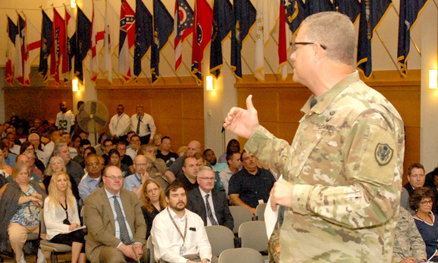 DLA Troop Support Commander Army Brig. Gen. Mark Simerly addresses the workforce at a town hall event Sept. 6 in Philadelphia.