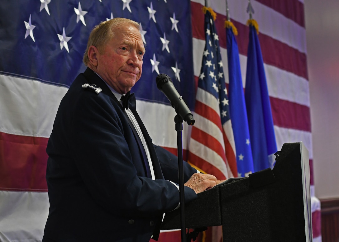 Col. Wayne Waddell, United States Air Force retired, speaks at an Air Force Ball hosted by the 94th Airlift Wing at Dobbins Air Reserve Base, Sept. 8, 2018. Waddell spent six years as a prisoner of war in Vietnam, and spoke about how he was shot down and captured. (U.S. Air Force Photo by Staff Sgt. Miles Wilson)