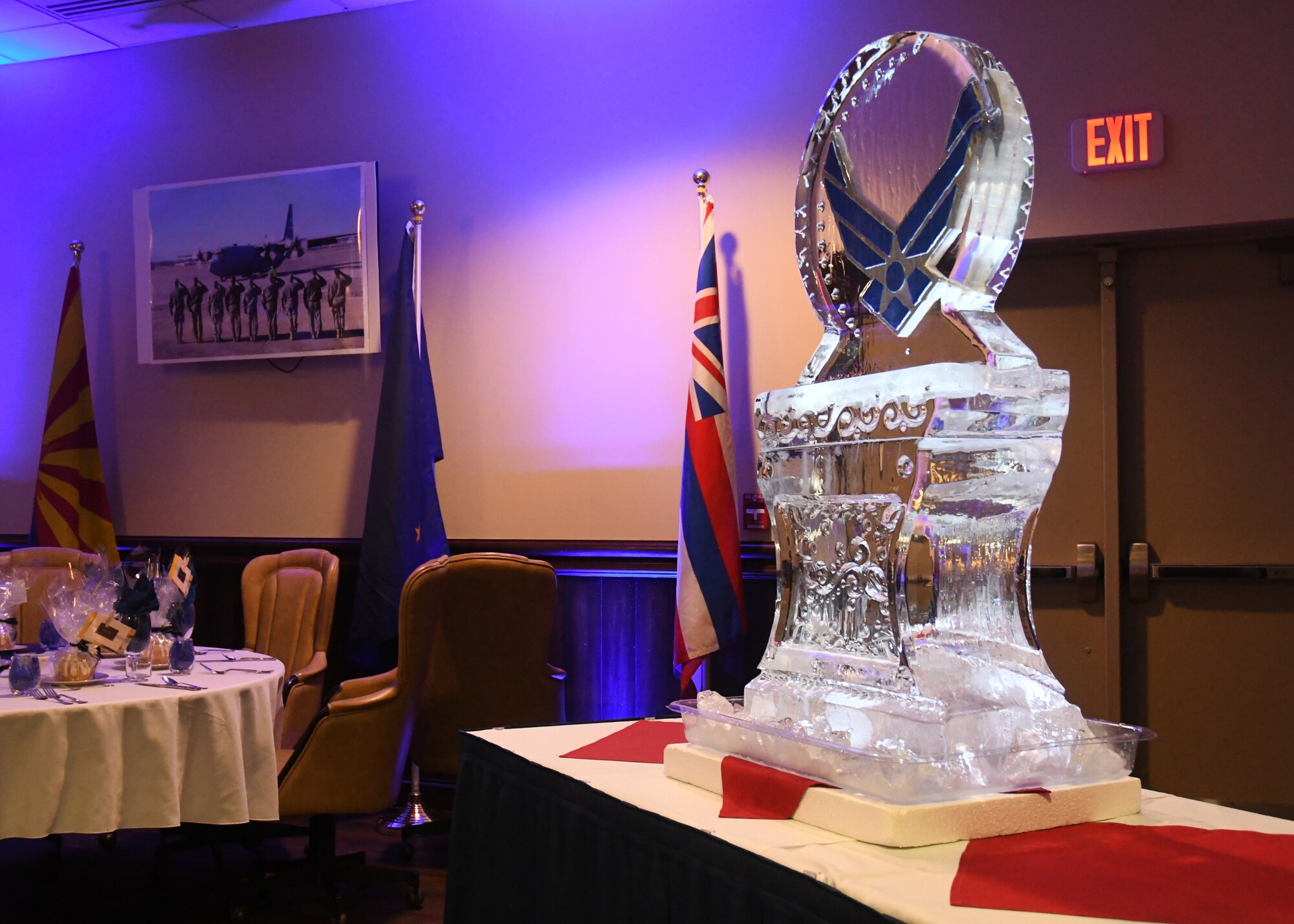 An ice sculpture rests, depicting the Air Force logo, at the Air Force Ball at Dobbins Air Reserve Base, Ga, Sept. 8, 2018. The 94th Airlift Wing hosted an Air Force Ball at Dobbins ARB, and invited Col. Wayne Waddell, United States Air Force retired, as a guest speaker. Waddell served in the Vietnam war, and was a prisoner of war for 6 years. (U.S. Air Force Photo by Staff Sgt. Miles Wilson)