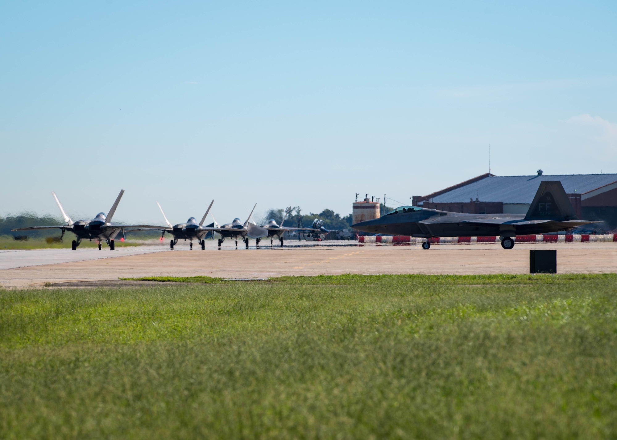 U.S. Air Force F-22 Raptor taxies on the flightline in preparation for hurricane Florence at Joint Base Langley-Eustis, Virginia, Sep. 11, 2018.