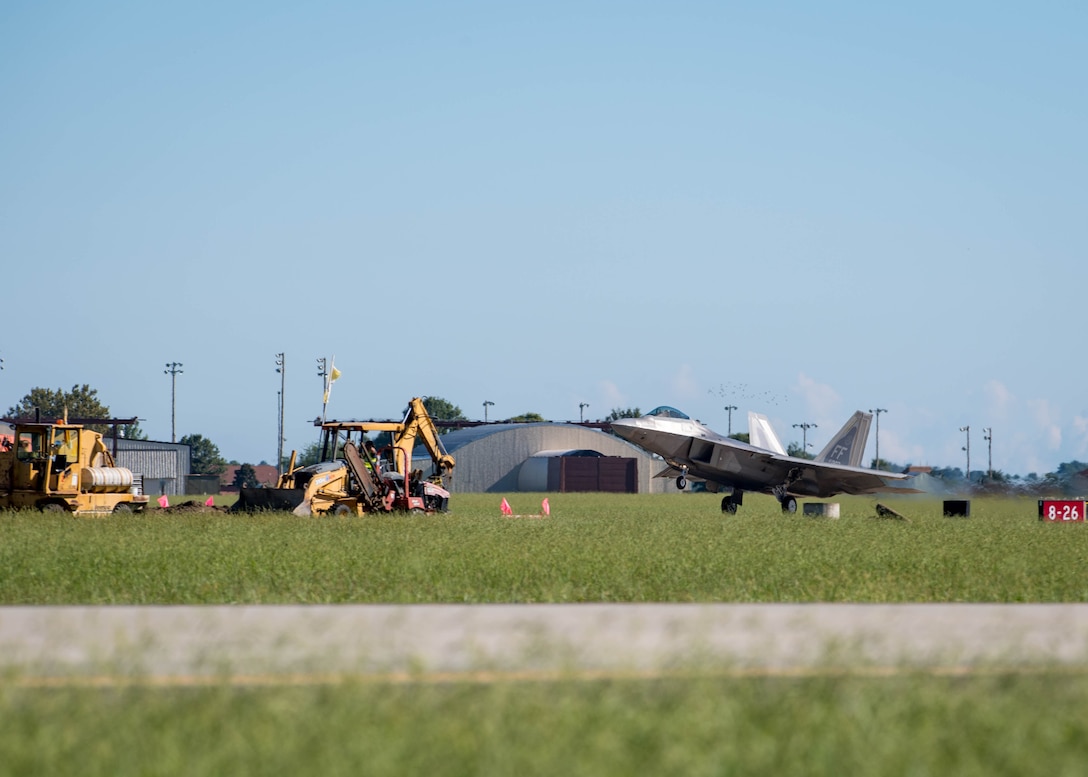 A U.S. Air Force F-22 Raptor takes off in preparation for hurricane Florence at Joint Base Langley-Eustis, Virginia, Sep. 11, 2018.