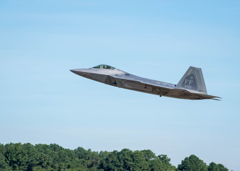 A U.S. Air Force F-22 Raptor takes off in preparation for hurricane Florence at Joint Base Langley-Eustis, Virginia, Sep. 11, 2018.