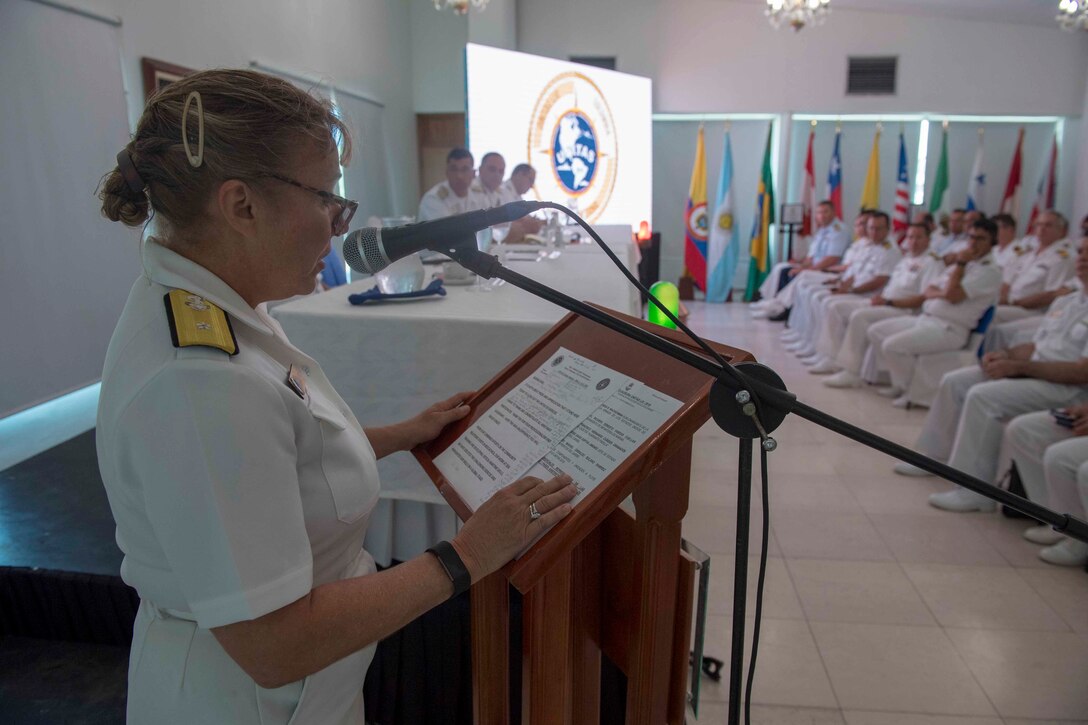 Rear Admiral Linda Wackerman speaks during the closing ceremony of UNITAS 2018.