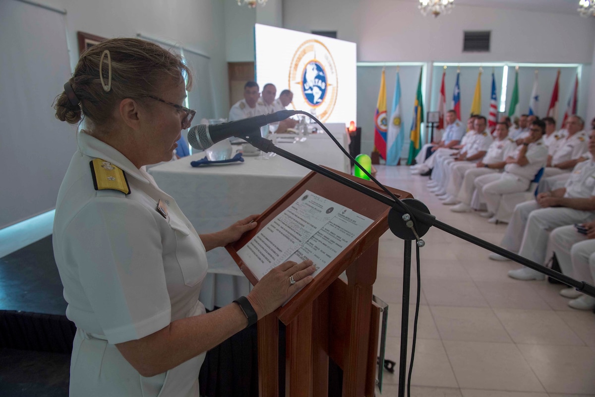 Rear Admiral Linda Wackerman speaks during the closing ceremony of UNITAS 2018.