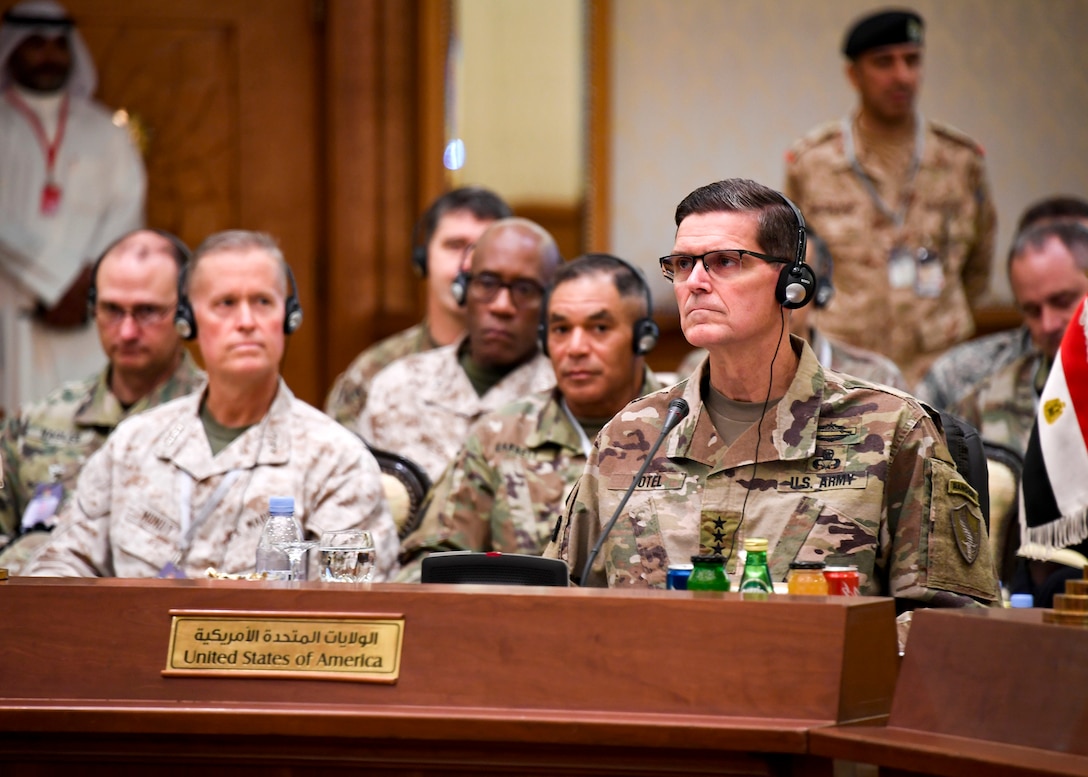 U.S. Army Gen. Joseph L. Votel, commander, U.S. Central Command, addresses senior defense leaders from nine countries throughout the region during a conference here Sept. 12. The two-day conference included chiefs of defense from the Cooperation Council for the Arab States of the Gulf countries – Kuwait, Bahrain, Oman, Qatar, Saudi Arabia, United Arab Emirates – as well as Jordan and Egypt. The event was designed to underscore the U.S. commitment to the region, help gain a better understanding of regional concerns, and identify opportunities to strengthen relationships between defense chiefs and senior U.S. military leaders.  (U.S. Air Force photo by Tech Sgt. Dana Flamer/Released)