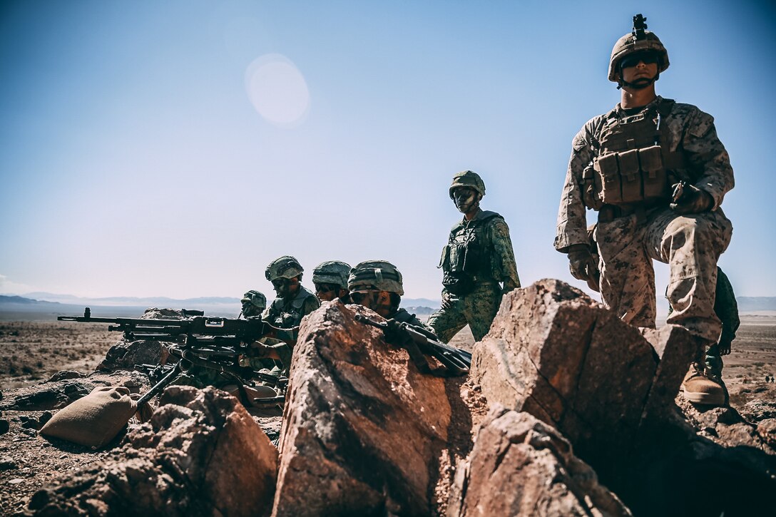 Singapore Guardsmen provide machine gun support for a ground assault on Range 400 during Valiant Mark 2018 aboard the Marine Corps Air Ground Combat Center, Twentynine Palms, Calif., Sept. 5, 2018. Valiant Mark is an annual exercise conducted by U.S. Marines and the Singapore Armed Forces designed to facilitate increased interoperability and strengthen military-to-military relationships through combined-arms integration skills training. (U.S. Marine Corps photo by Lance Cpl. William Chockey)