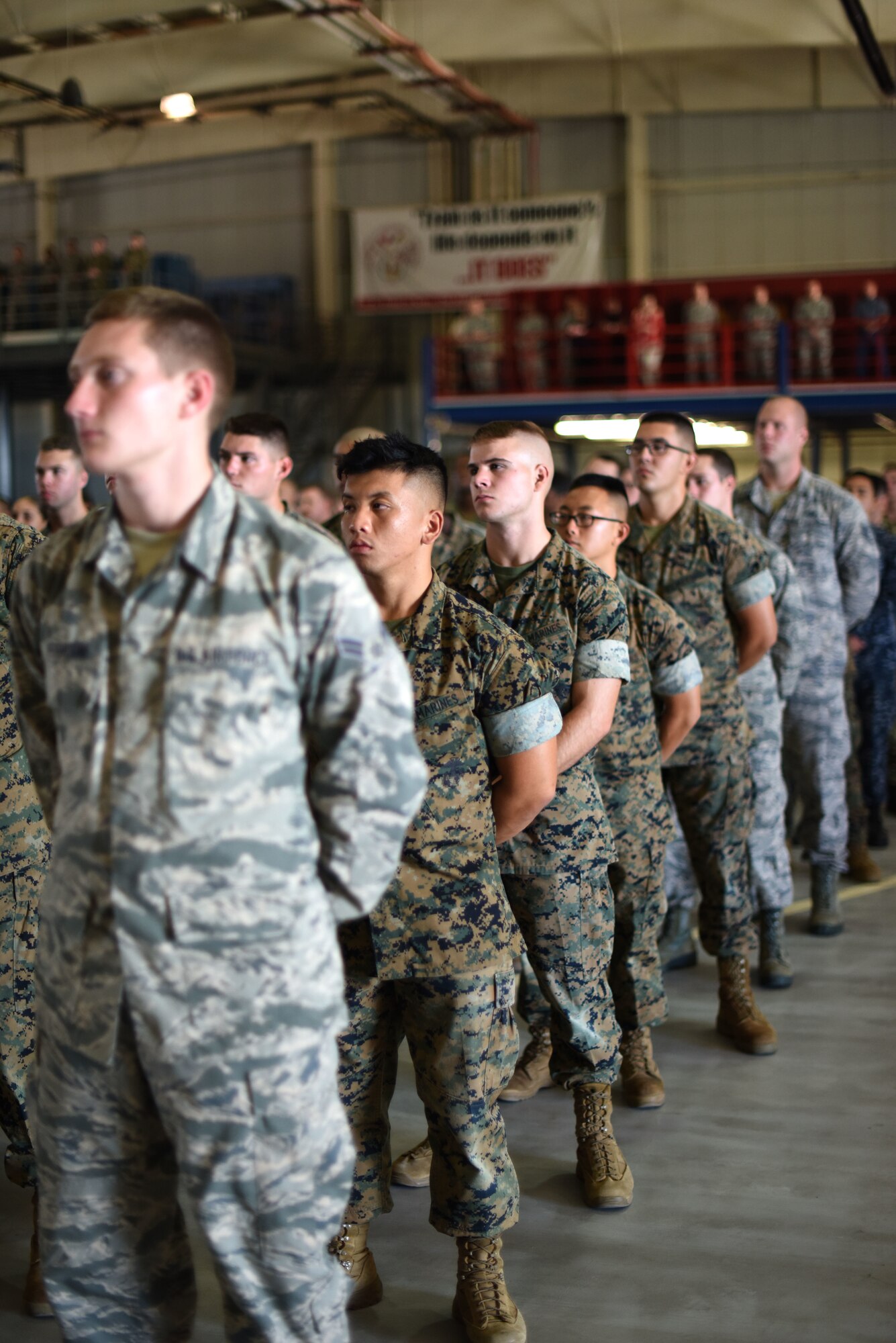 Students with the 312th Training Squadron stand in formation at the Louis F. Garland Department of Defense Fire Academy during a 9/11 memorial service on Goodfellow Air Force Base, Texas, Sept. 11, 2018. The fire academy held the service to honor and remember those who lost their lives during the events of Sept. 11, 2001. (U.S. Air Force photo by Airman 1st Class Seraiah Hines/Released)