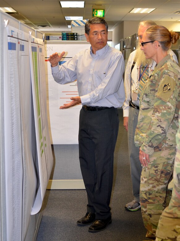 ALBUQUERQUE, N.M. -- Thomas Bueno, chief, Program Integration and Controls Branch, discusses project timelines with South Pacific Division commander Col. (P) Kimberly Colloton, Aug. 28, 2018.