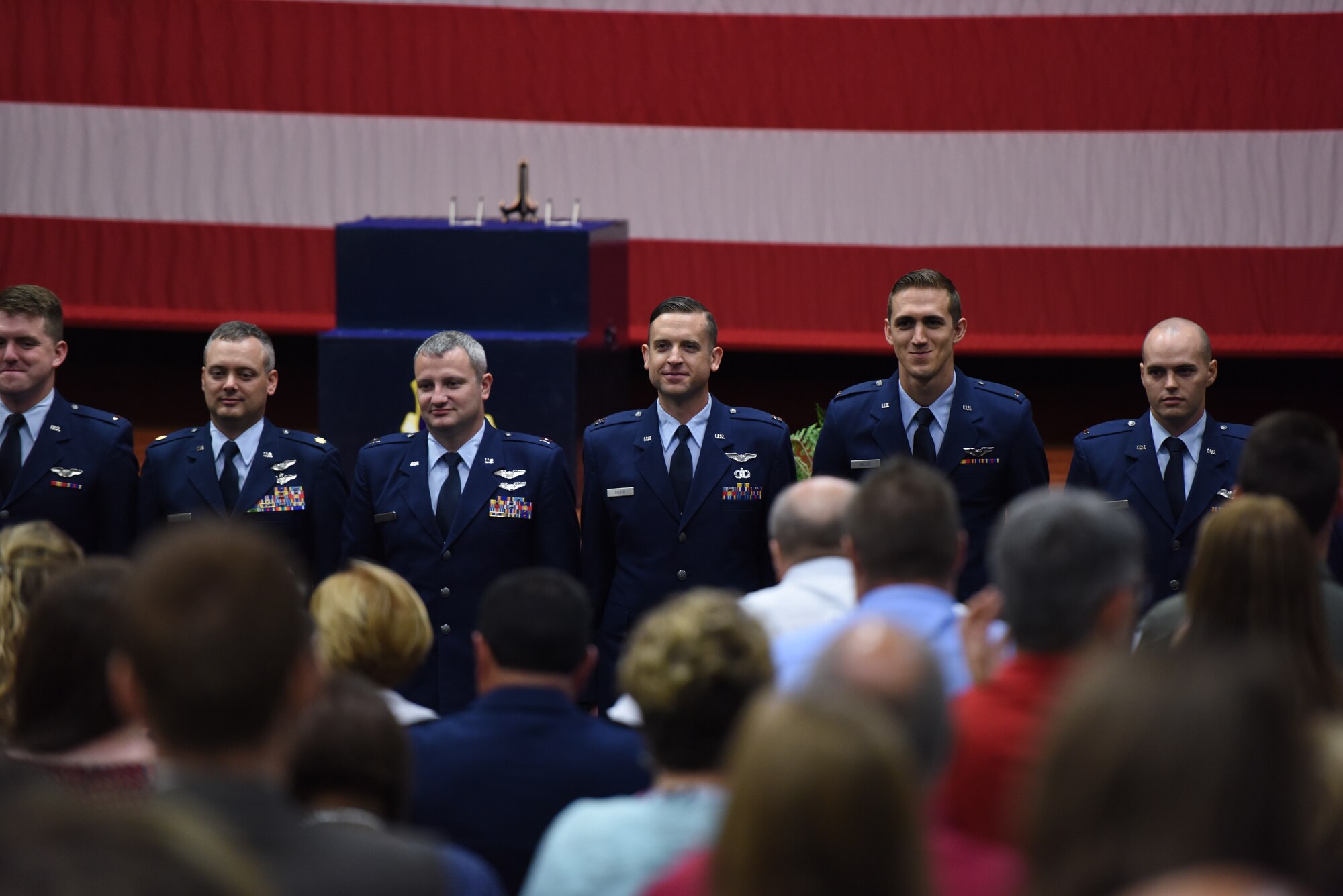 Students from Specialized Undergraduate Pilot Training Classes 18-14/15 are recognized after receiving their wings Sept. 7, 2018, on Columbus Air Force Base, Mississippi. The graduation consisted of all students from SUPT Class 18-14 and the T-38C Talon students from SUPT Class 18-15. (U.S. Air Force photo by Airman 1st Class Beaux Hebert)